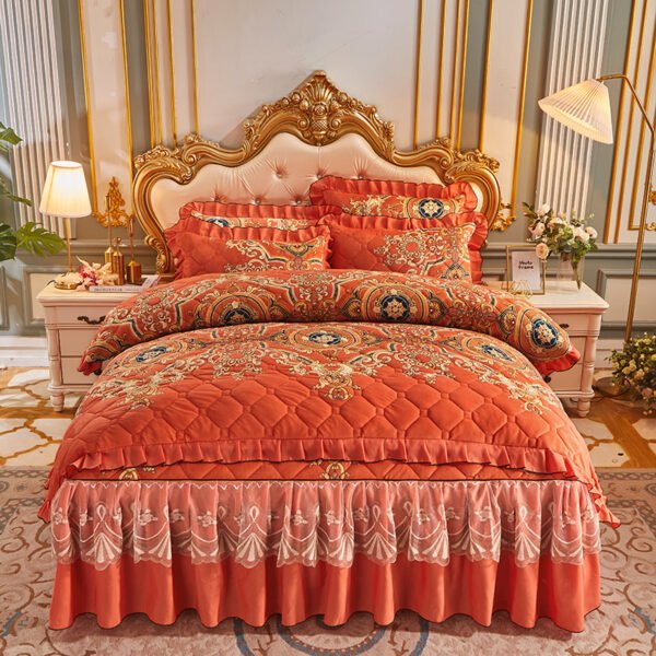 American style plant flower Velvet Winter Strawberry Printed Diamond Quilted Pink 4pcs Bedding Sets - Image 46